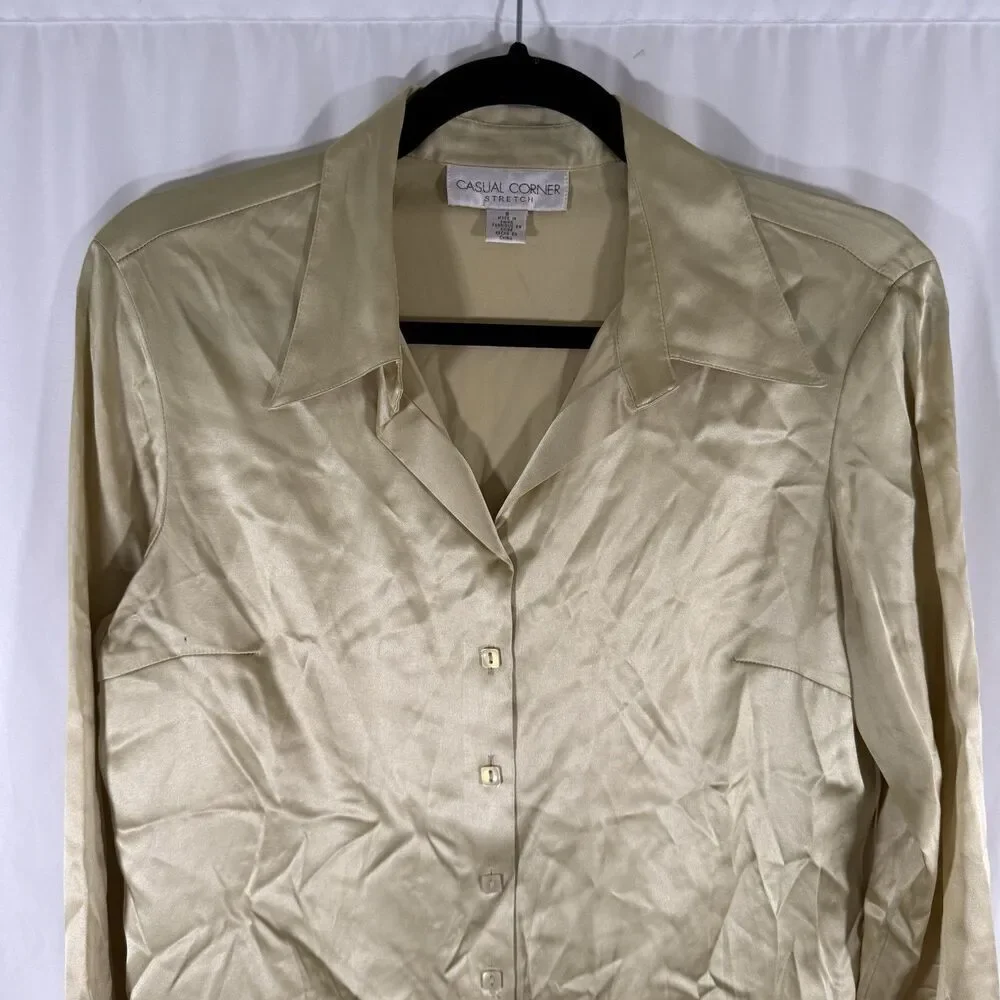 Casual Corner Stretch Silk Blend Blouse Women's 6 Green Button Up Long Sleeve